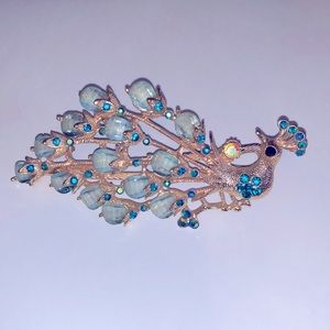 Large Peacock Hair Clip Blue Crystals and Gold Alloy